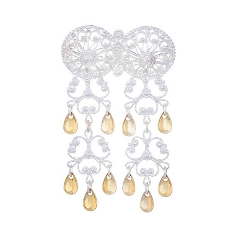 Halsknapp filigran, lang, hvit/forgylt